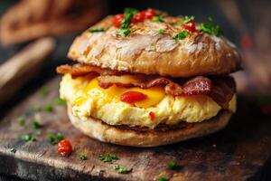 A breakfast sandwich with eggs and bacon photo