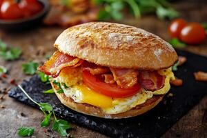 A breakfast sandwich with bacon, eggs and tomatoes photo