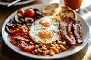 A plate of breakfast food with eggs, beans, tomatoes and bacon photo