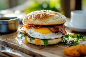 A breakfast sandwich with bacon, eggs and cheese photo