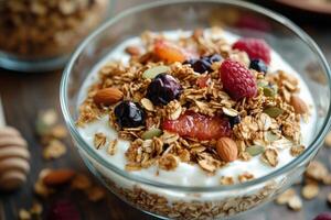Granola with yogurt and berries photo