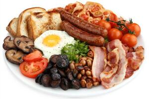 A plate of breakfast food with eggs, bacon, beans, mushrooms and tomatoes photo