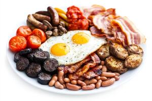 A plate of breakfast foods including eggs, beans, sausage and bacon photo