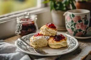 Scone with jam and cream on a plate photo