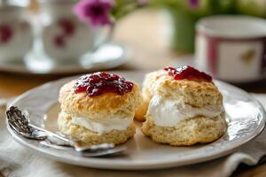 A white plate topped with two scones and a spoon photo