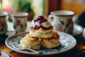 Scones with jam and cream on a plate photo