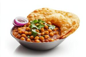 Indian chickpea curry in a bowl with naan bread photo
