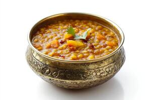 A bowl of lentil soup with a garnish of parsley photo
