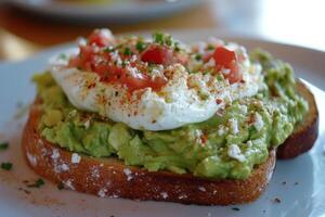 A white plate topped with a sandwich with guacamole and tomatoes photo