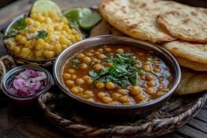 A bowl of chickpeas, corn and a tortilla photo