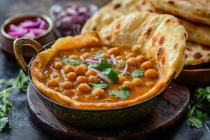 Indian chickpea curry with naan bread photo