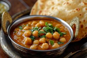 Indian chickpea curry with naan bread photo