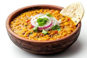 A bowl of food with a tortilla and some vegetables photo