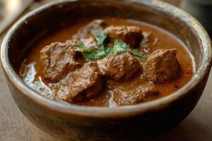 A bowl of meat curry with a spoon on top photo