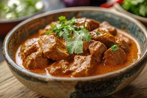 A bowl of beef curry with cilantro on a wooden table photo