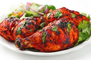 A plate of chicken wings with vegetables and a salad photo