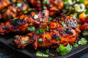 Grilled chicken wings with vegetables on a black tray photo
