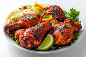 A plate of chicken wings with a lime wedge photo