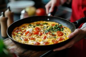 A person holding a pan with an omelet in it photo