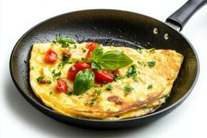 Omelet with tomatoes and basil on white background photo