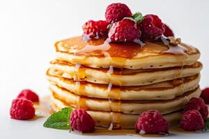 A stack of pancakes with raspberries and syrup photo