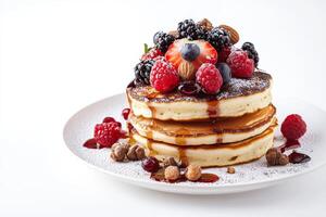 A stack of pancakes with berries and nuts on top photo
