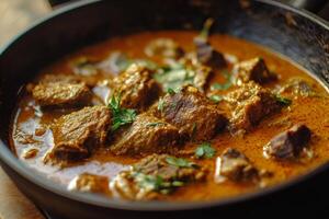 A bowl of beef curry with herbs and spices photo