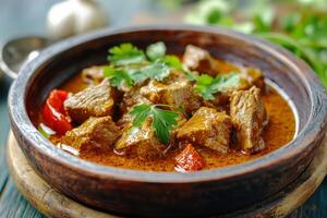 Indian beef curry in a wooden bowl photo