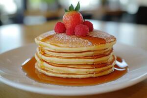 A stack of pancakes topped with syrup and raspberries photo