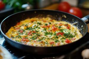 An omelet with tomatoes and herbs in a pan photo