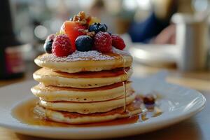 A stack of pancakes topped with berries and nuts photo
