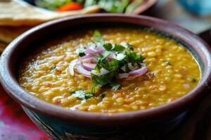 A bowl of soup with onions and herbs on a table photo