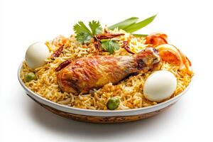 Indian chicken biryani with rice and eggs photo