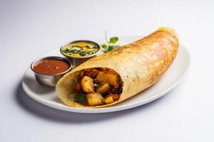A wrap with sauce and dip on a white plate photo