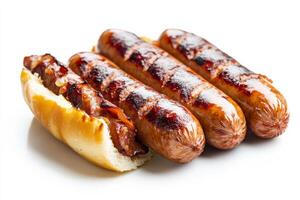 Three hot dogs are sitting on a bun photo