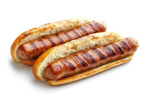 Two grilled hot dogs on buns on a white background photo