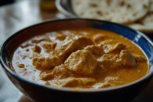 A bowl of curry sitting on a table next to a plate of bread photo