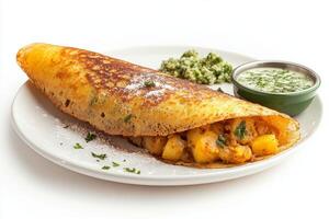 A plate with a crepe and a side of sauce photo