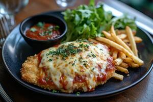 A plate with chicken parmesan and french fries photo