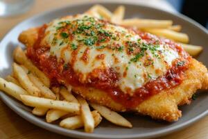 A plate topped with a chicken parmesan and french fries photo
