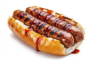 A hot dog with barbecue sauce on it photo