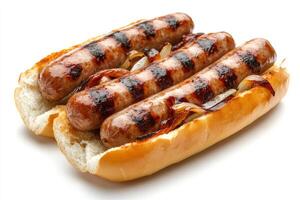 Two grilled sausages on a bun with onions photo