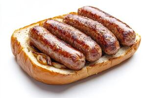 A close up of three sausages on a bun photo
