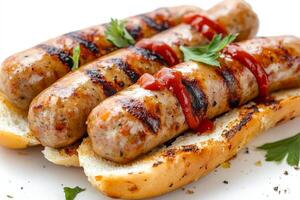 Three sausages on bread with ketchup and parsley photo