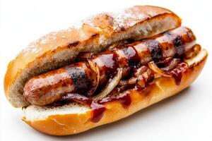 A hot dog with onions and bbq sauce photo