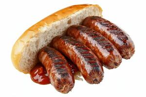 A close up of three sausages on a bun photo