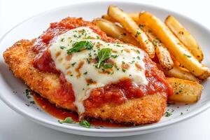 Chicken parmesan with tomato sauce and french fries photo