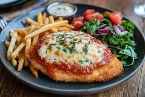 A plate with chicken parmesan and french fries photo
