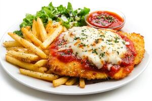 A plate with chicken parmesan and french fries photo