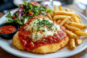 A plate with a chicken parmigiana and french fries photo